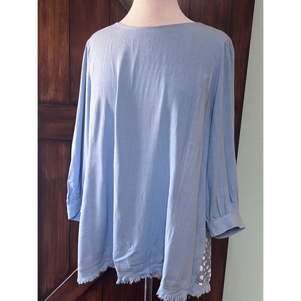 Umgee Misty Blue Linen Blend Cut‎ Out Balloon Sleeve Frayed Hem XL Blouse Top